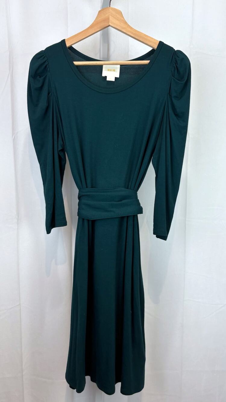 MAEVE Sz S Anthropologie Ceres Ruched Dress 3/4 Puff Sleeve Tie Waist Teal Green